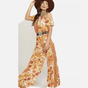 Free People Orange Red Floral Boho Carmen Off The Shoulder Wider Leg Jumpsuit XS